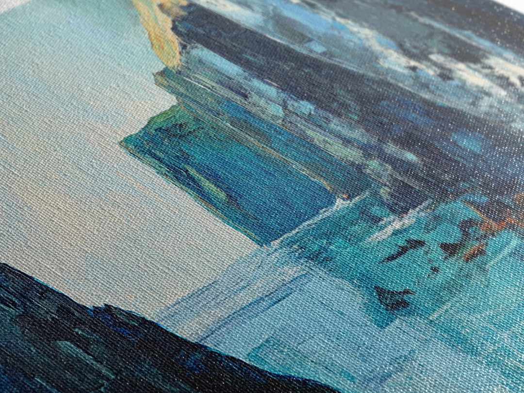 Coastal Cliffs Canvas Print Seascape Wall Art Ocean Waves Painting Nautical Decor Blue Tones Abstract Beach House Living Room Art