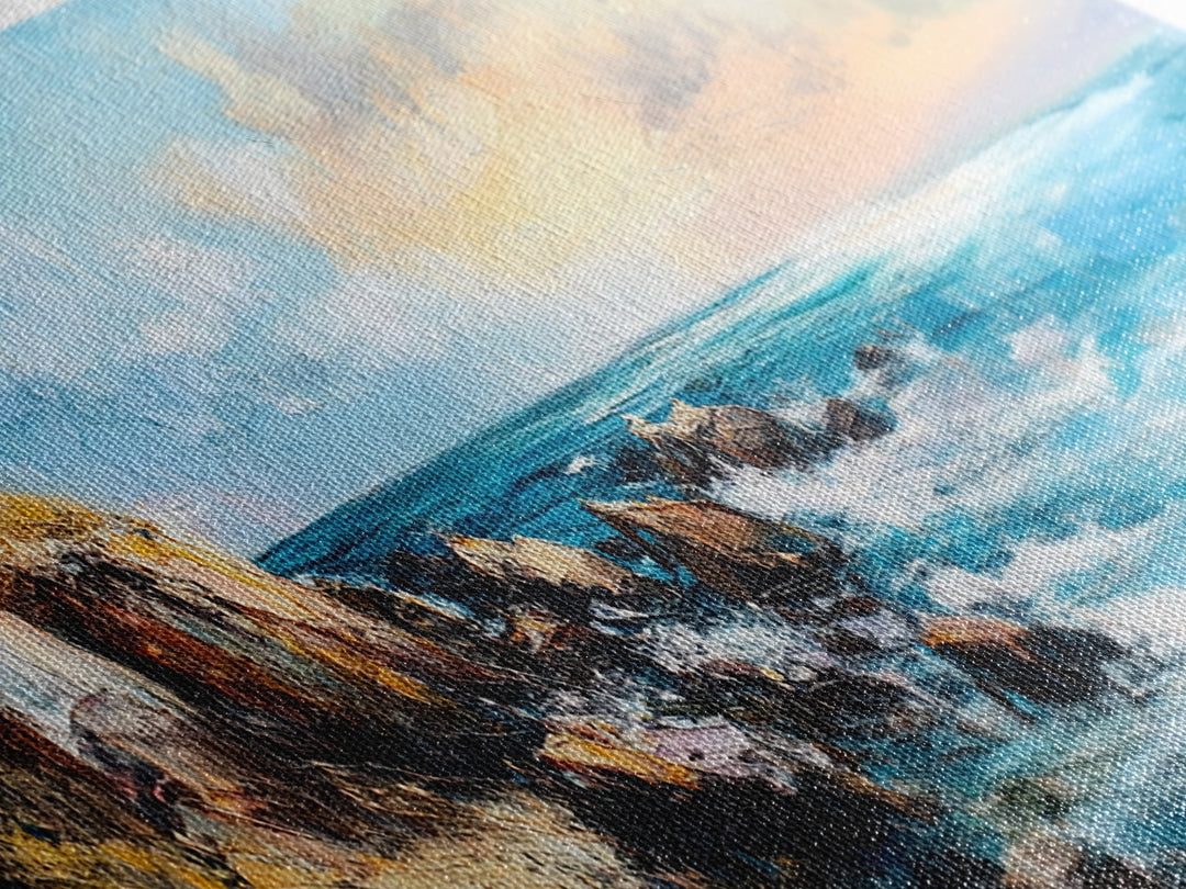 Rocky Ocean Shoreline Framed Canvas Print, Textured Seascape Painting, Beach House Wall Art, Coastal Living Room Decor, Wave Artwork