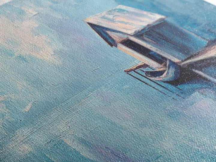 Blue Boathouse Canvas Print Tranquil Lake Scene Wall Art Nautical Cabin Decor Coastal Painting Minimalist Blue Wall Art Living Room