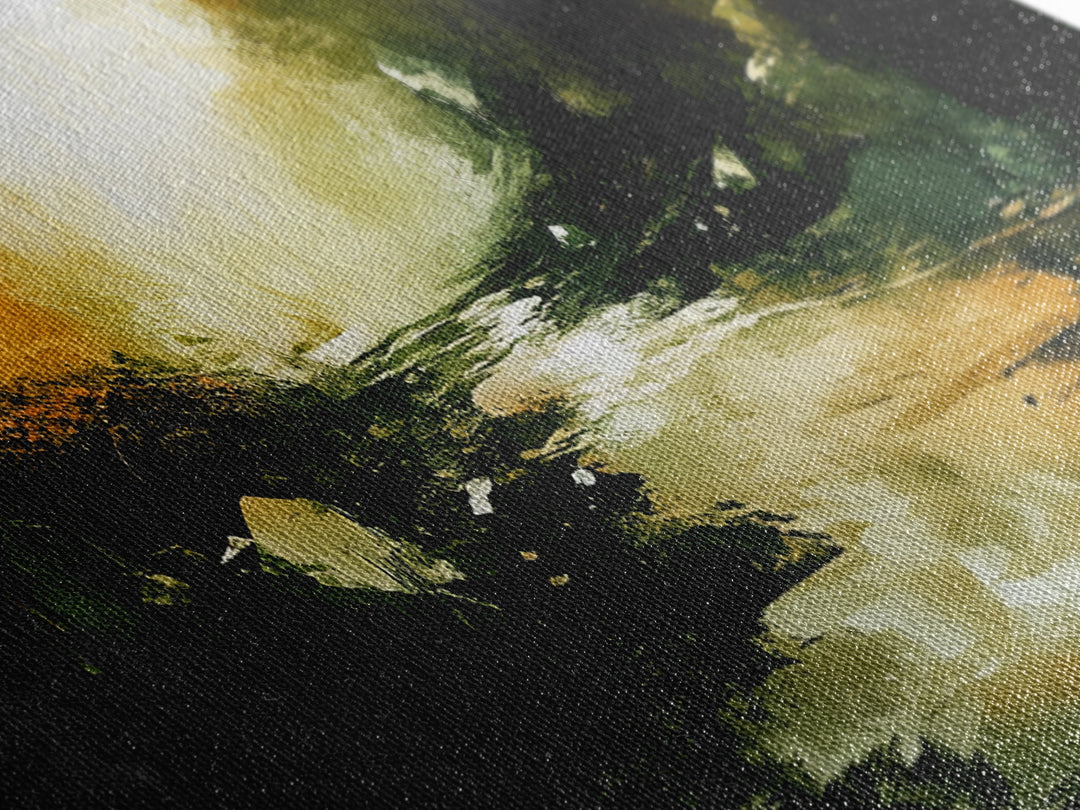 Dark Fantasy River Painting, Moody Abstract Landscape, Green and Gold Mystical Wall Art, Mysterious Hallway Decor, Framed Canvas Print