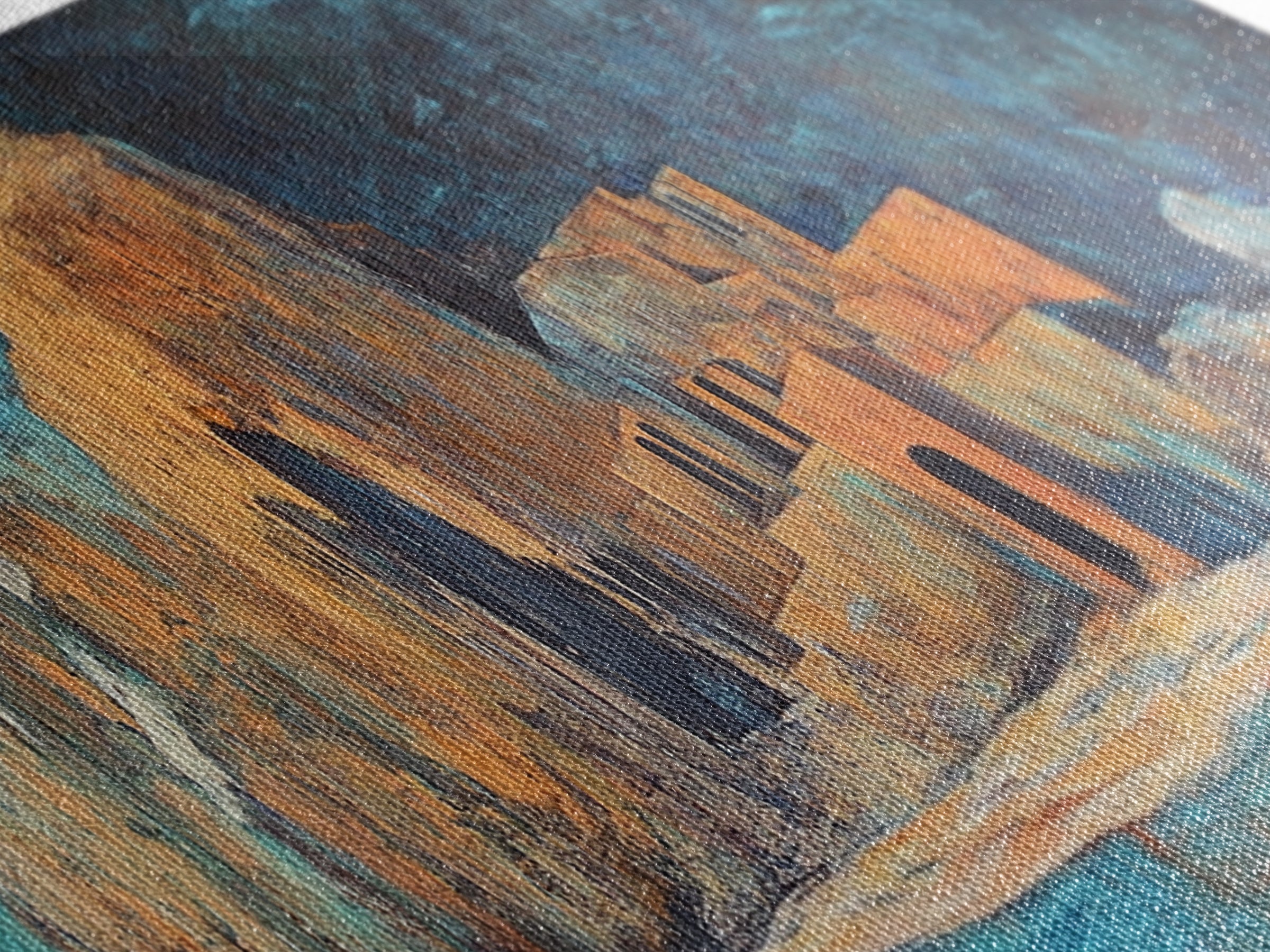 Ancient Ruins Canvas Print Rustic Landscape Wall Art, Mediterranean Decor, Boho Earthy Art, Dark Blue and Orange, Living Room Artwork