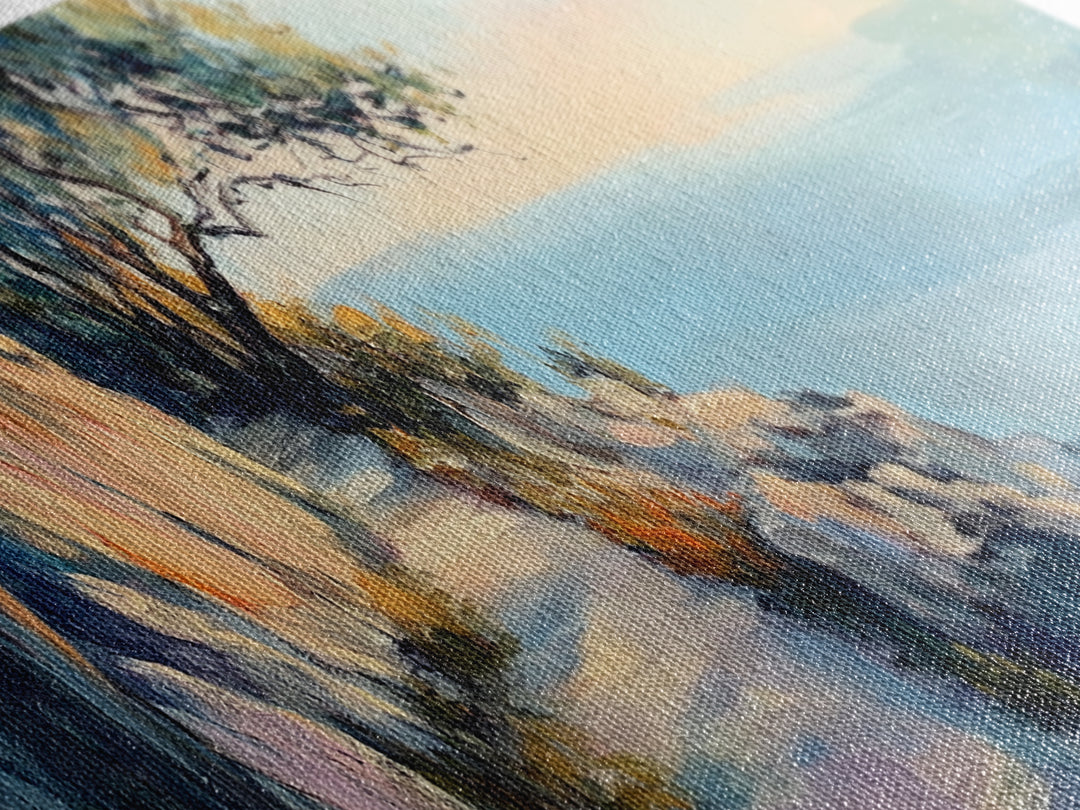 Coastal Cliff Walk Framed Canvas Print Serene Beach Pathway Painting, Sunset Seaside Art, Nature Landscape, Relaxing Home Wall Decor