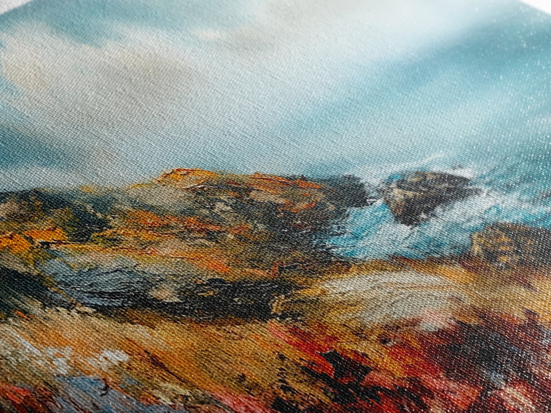 Coastal Cliffside Painting, Vibrant Seaside Landscape, Ocean Beach Art, Modern Nautical Wall Decor, Contemporary Bedroom Accent