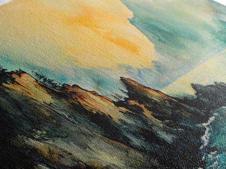 Coastal Cliff Sunset Canvas Print Atmospheric Nature Wall Art, Golden Hour Landscape, Relaxing Bedroom or Living Room Decor, Gift Idea