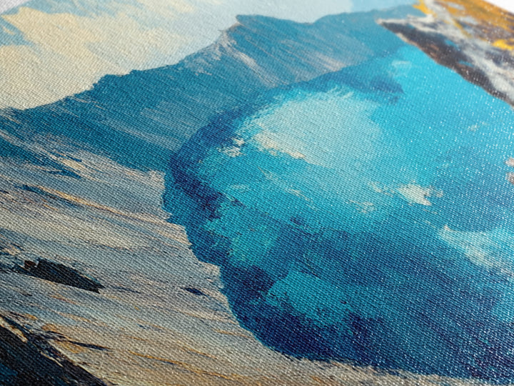 Crater Lake Landscape Framed Canvas Print Majestic Mountain Wall Art, Textured Impasto Painting, Nature Inspired Living Room Decor