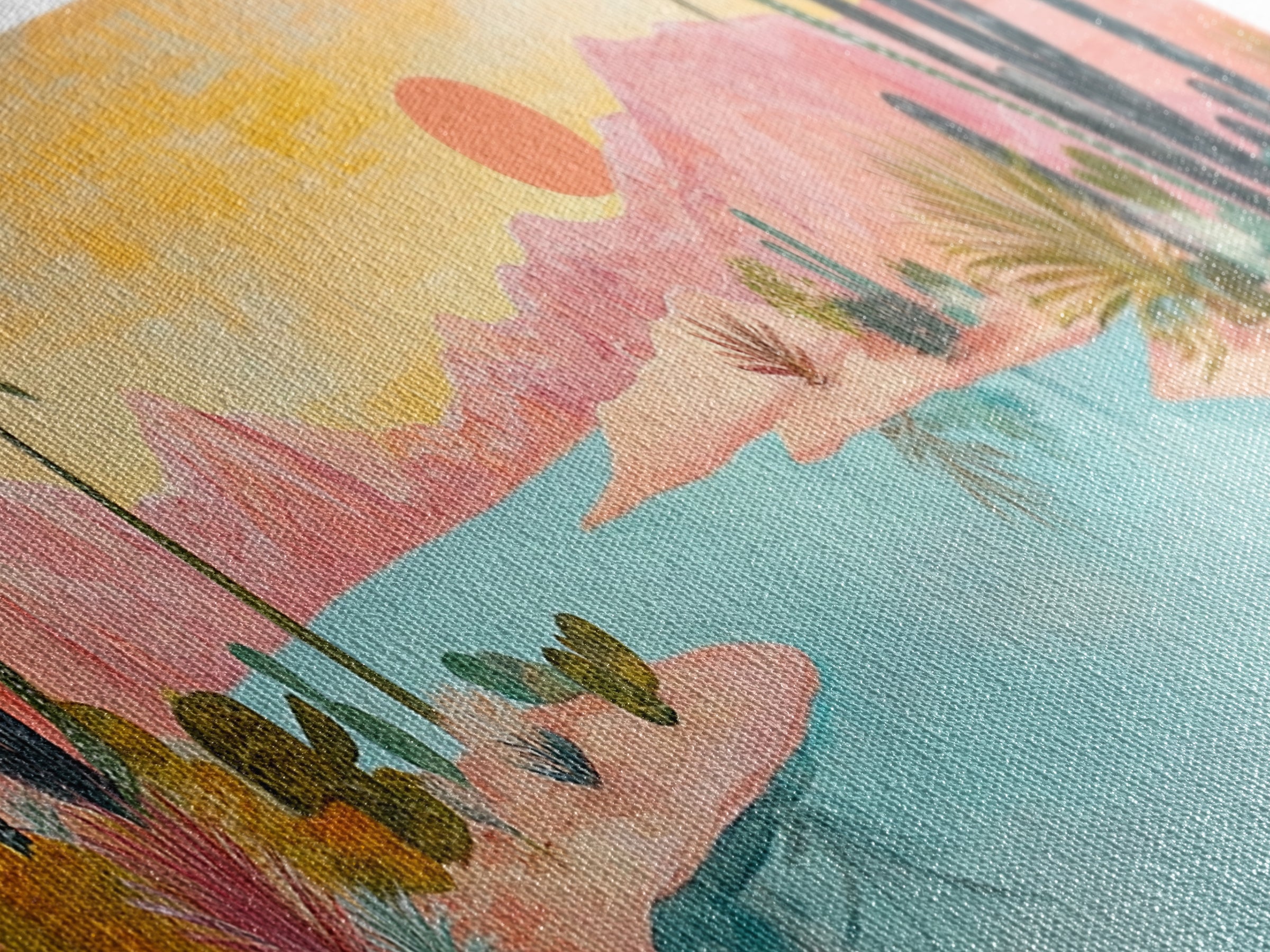 Desert Oasis Landscape Wall Art, Cactus and Palm Trees Painting, Boho Sunset Artwork, Southwest Home Decor, Warm Pink Art