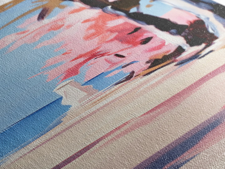 Coastal Walk, Pink Blossom, Vibrant Tree Art, Canvas Print, Beach Pathway, Spring Landscape, Serene Wall Art, Living Room Decor