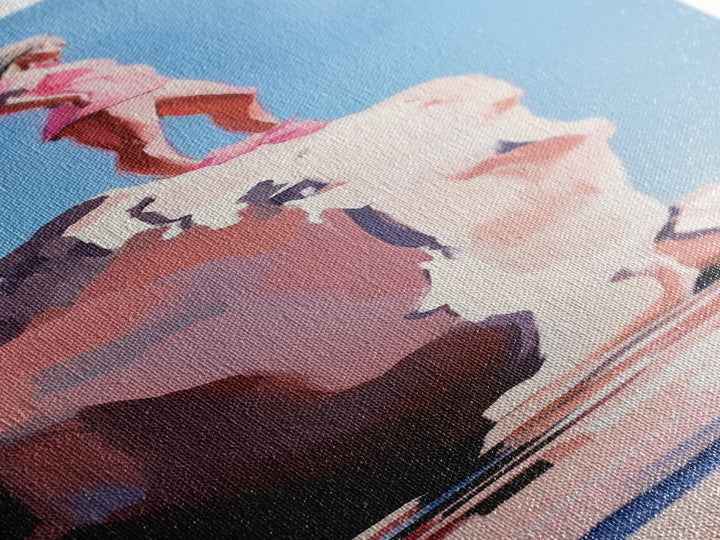 Coastal Adventure, Pink and Blue Art, Minimalist Beach Scene, Modern Landscape, Travel Inspiration, Contemporary Framed Canvas Print