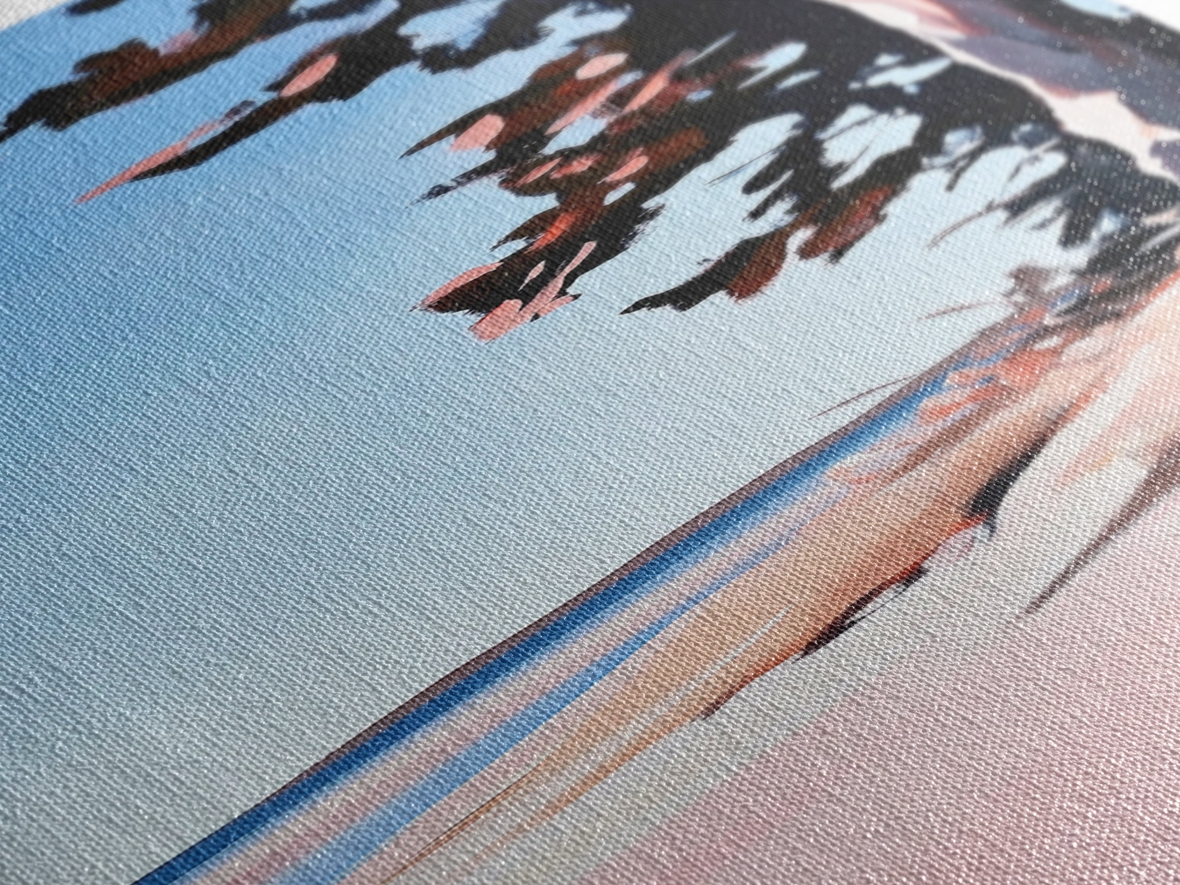 Coastal Serenity, Beach Tree Shadows, Minimalist Nature Scene, Soft Pink Blue Landscape, Tranquil Home Art, Framed Canvas Print, Ocean Escape