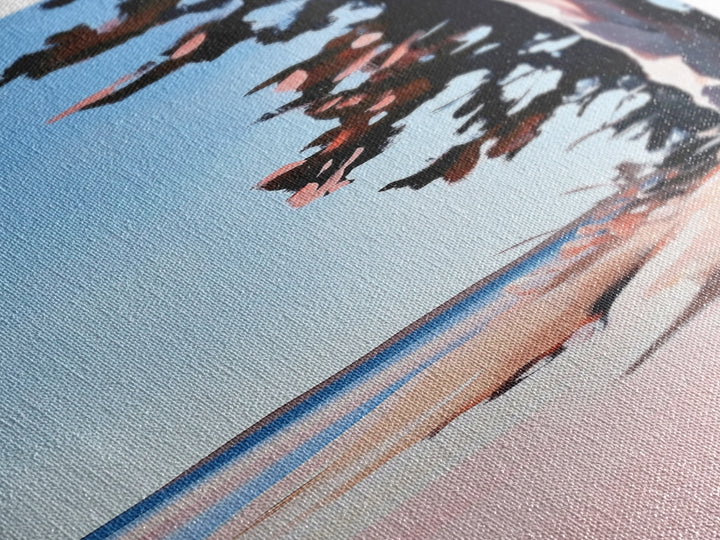 Coastal Serenity, Beach Tree Shadows, Minimalist Nature Scene, Soft Pink Blue Landscape, Tranquil Home Art, Framed Canvas Print, Ocean Escape