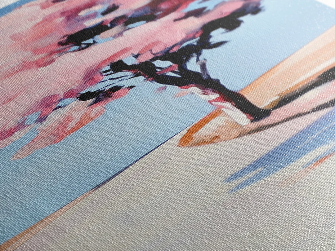 Cherry Blossom Tree, Serene Landscape Painting, Romantic Pink Art, Tranquil Nature Decor, Spring Home Decor, Framed Canvas Print