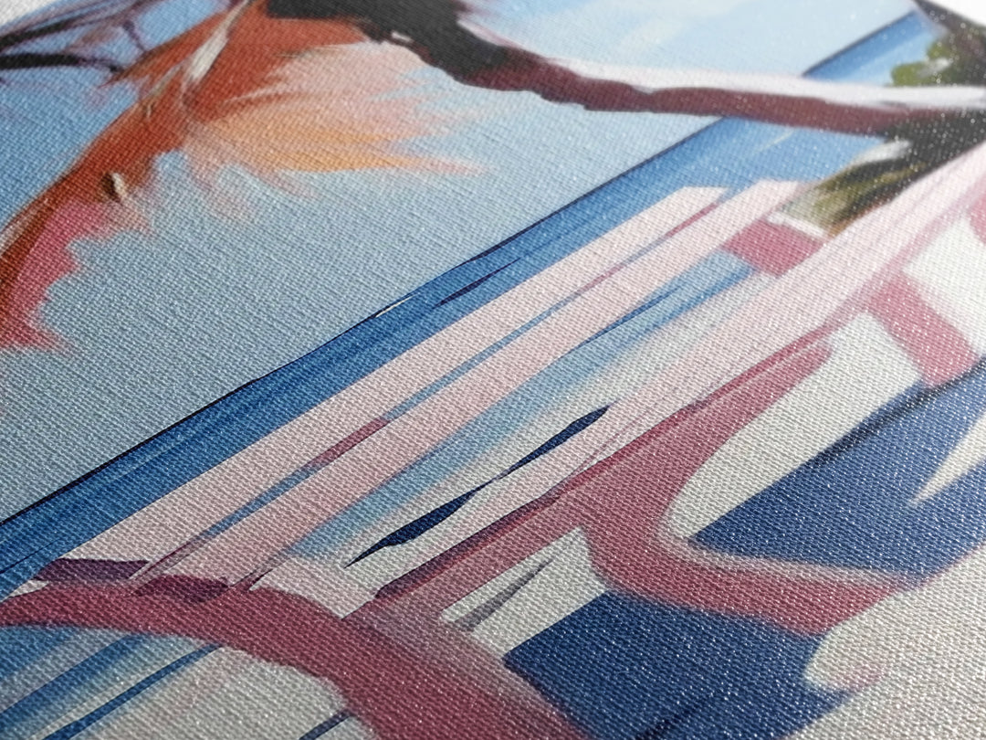 Beach Bench, Palm Tree, Ocean View, Framed Canvas Print, Coastal Wall Art, Tropical Decor, Boho Beach Art, Living Room Wall Art