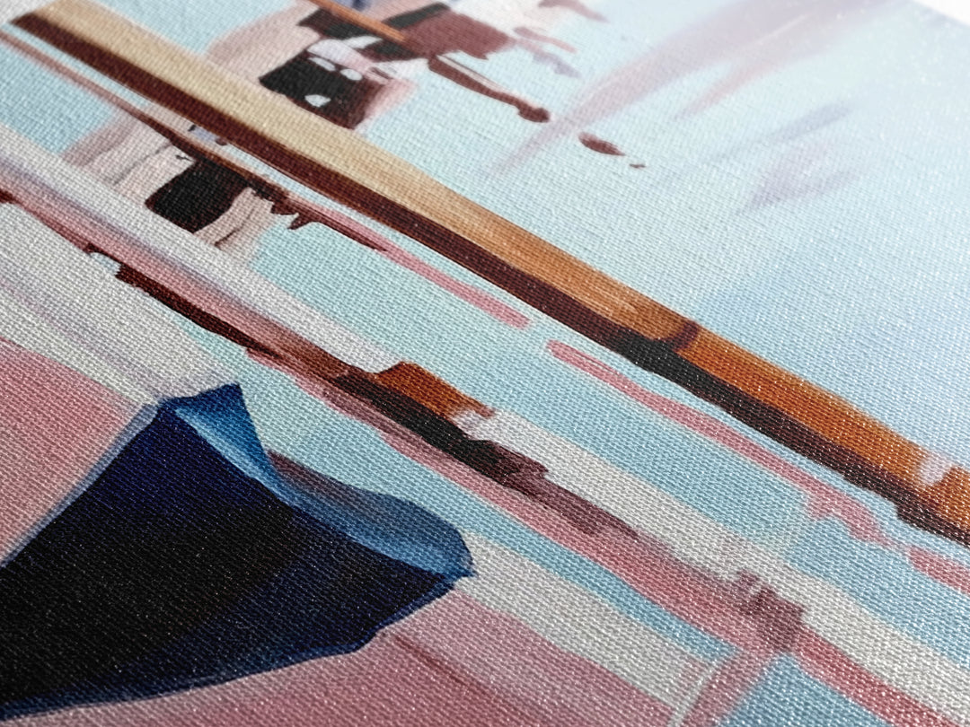 Docked Boats, Waterfront Scene, Canvas Print, Nautical Home Decor, Living Room Wall Art, Soft Pastel Aesthetic, Minimalist Seaside