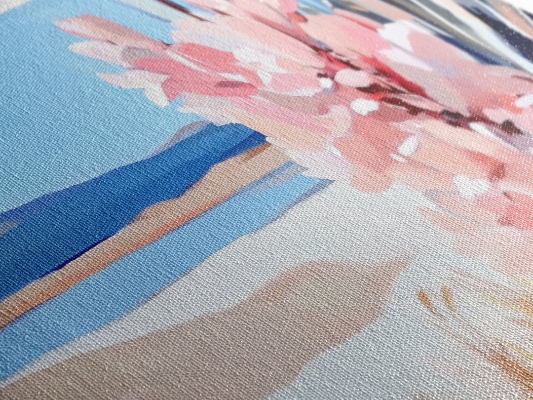 Desert Bloom, Southwest Landscape, Cactus and Flowers, Warm Toned Artwork, Boho Living Room Art, Pink and Blue Painting, Canvas Print