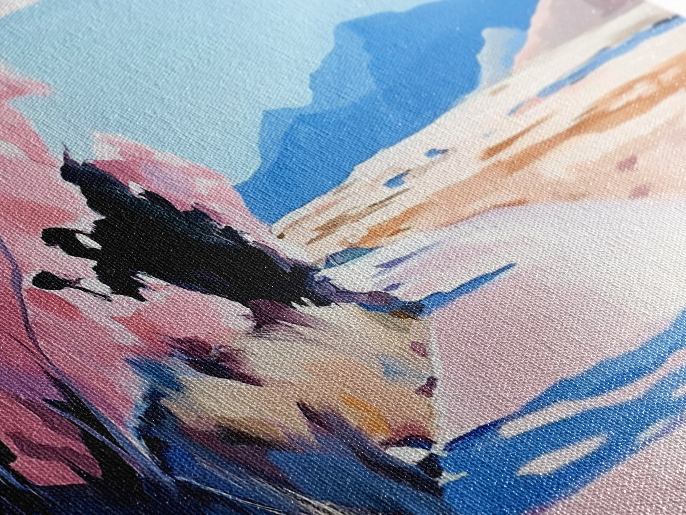 Blossoms, Mountain Path, Scenic Landscape Art, Nature Painting, Boho Decor, Framed Canvas Print, Pastel Pink Trees, Serene Wall Art