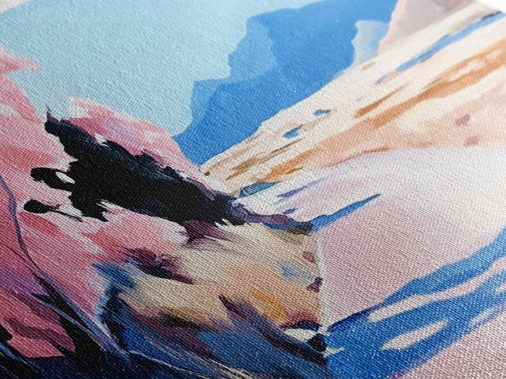 Blossoms, Mountain Path, Scenic Landscape Art, Nature Painting, Boho Decor, Framed Canvas Print, Pastel Pink Trees, Serene Wall Art