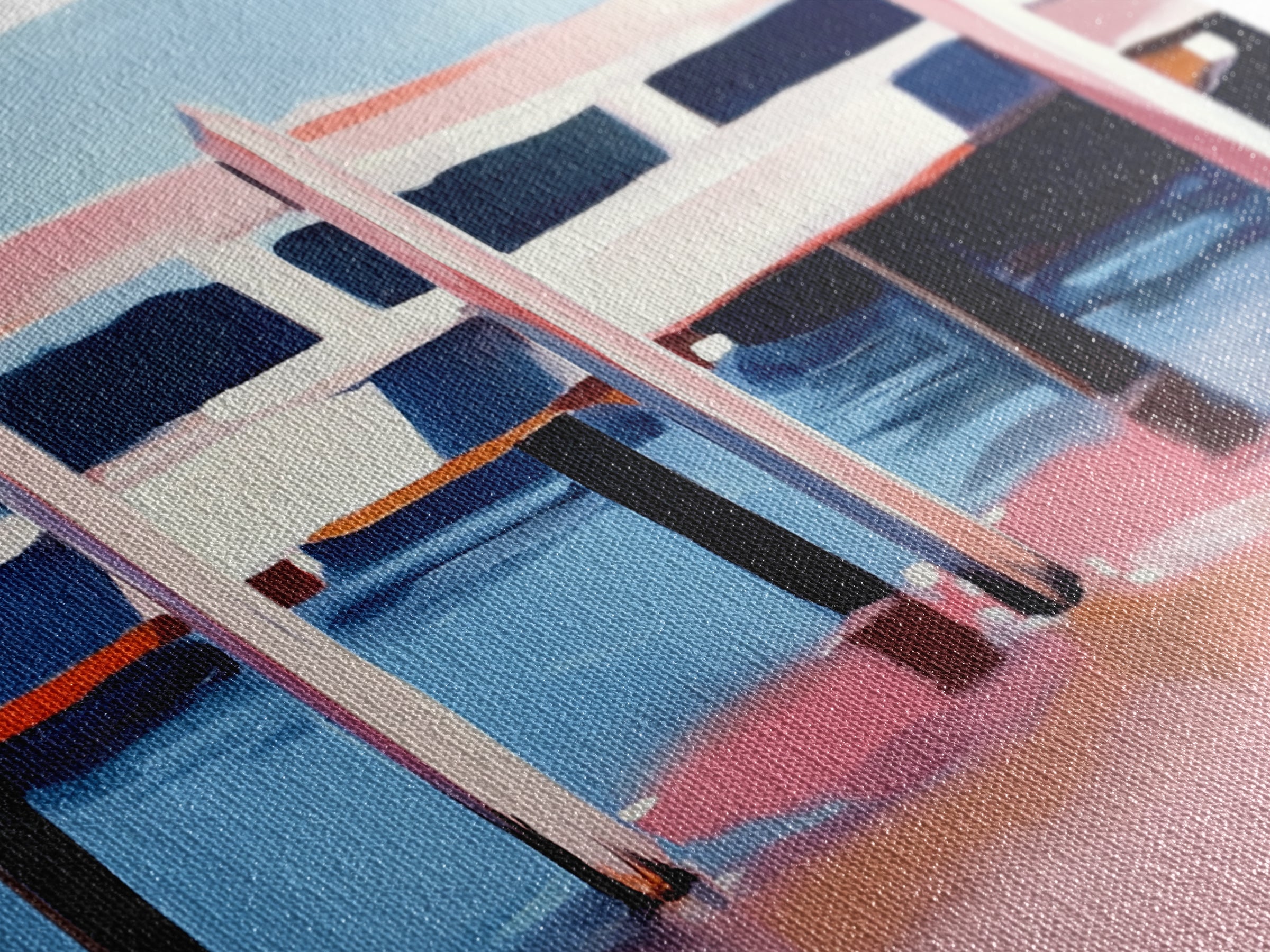 Dock, Reflections, Landscape Art, Nautical Decor, Serene Water Painting, Framed Canvas Print, Minimalist Seaside Art, Blue Pink Aesthetic