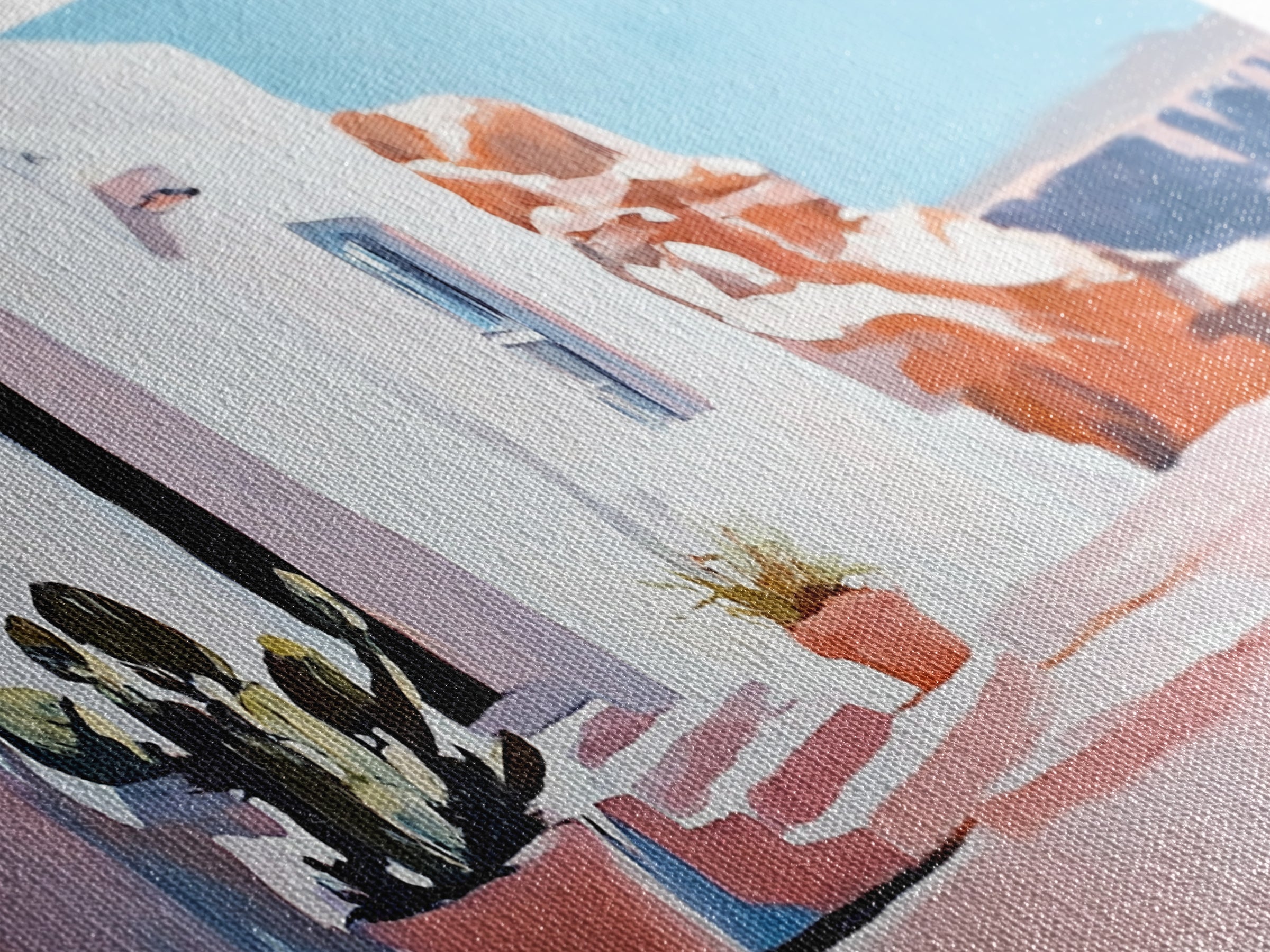 Cliffside House, Mediterranean Wall Art, Travel Print, Santorini Inspired Decor, Minimalist Aesthetic, Framed Canvas Print, Living Room