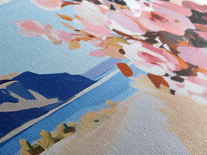 Coastal Flowers, Blue Ocean, Beach Aesthetic, Vibrant Nature Art, Boho Wall Decor, Bedroom Art, Pink Floral Scene, Canvas Print