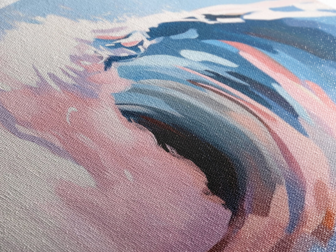Ocean Wave, Abstract Seascape, Beach Aesthetic, Coastal Home, Canvas Print, Modern Beach House Wall Art, Blue and Pink Waves, Surf Art
