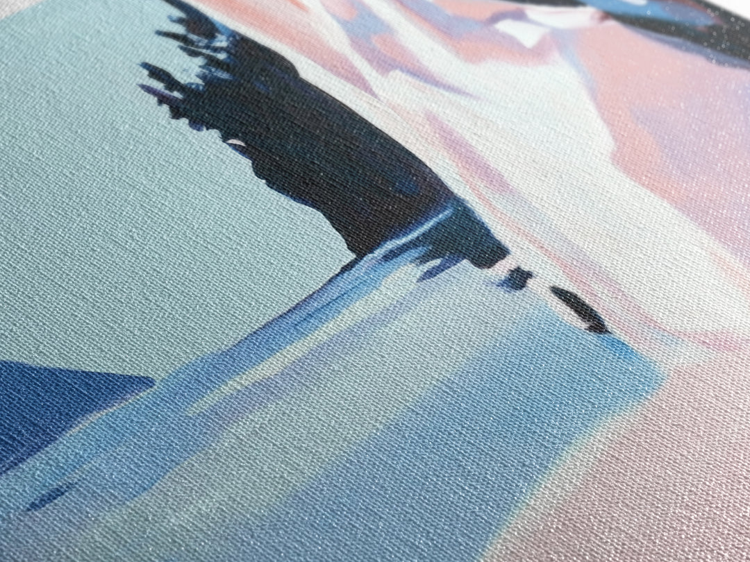 Cliffside View, Tranquil Waters, Framed Canvas Print, Coastal Wall Art, Minimalist Landscape, Serene Home Decor, Blue and Blush Tones