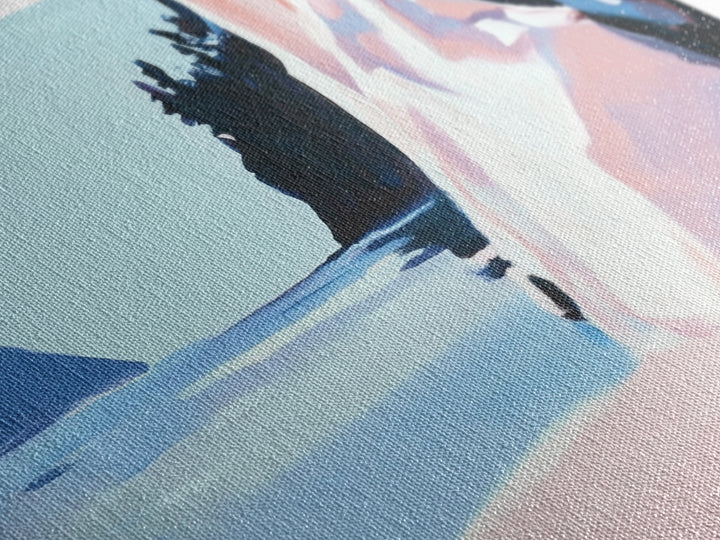 Cliffside View, Tranquil Waters, Framed Canvas Print, Coastal Wall Art, Minimalist Landscape, Serene Home Decor, Blue and Blush Tones