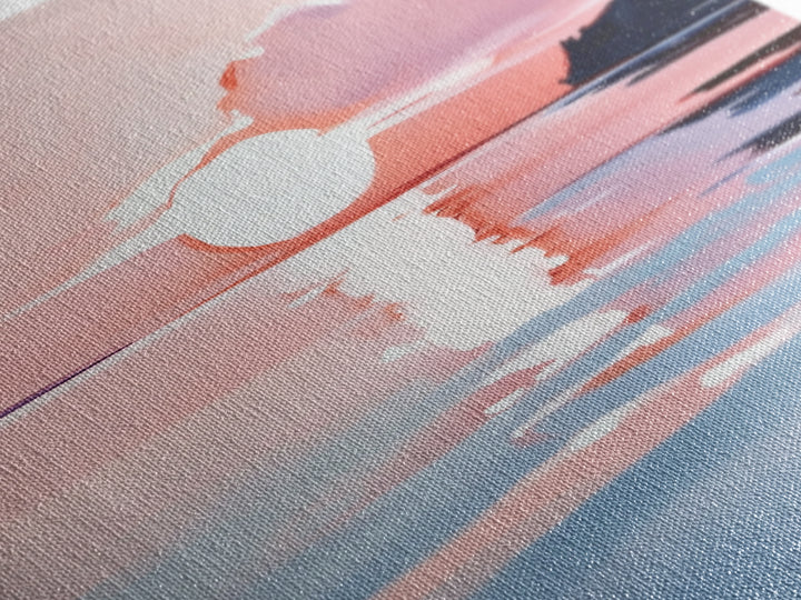 Ocean Sunset, Abstract Seascape Art, Framed Canvas Print, Beach House Wall Art, Modern Coastal Decor, Pink Sky Painting, Bedroom Artwork