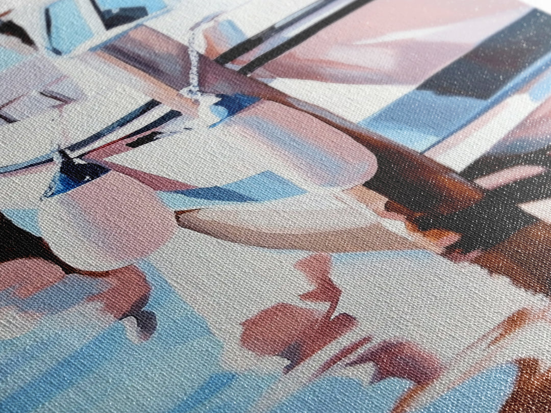 Docked Boat, Nautical Charm, Seaside Painting, Coastal Decor, Summer Vibes, Blue and White Art, Beach House Wall Art, Canvas Print