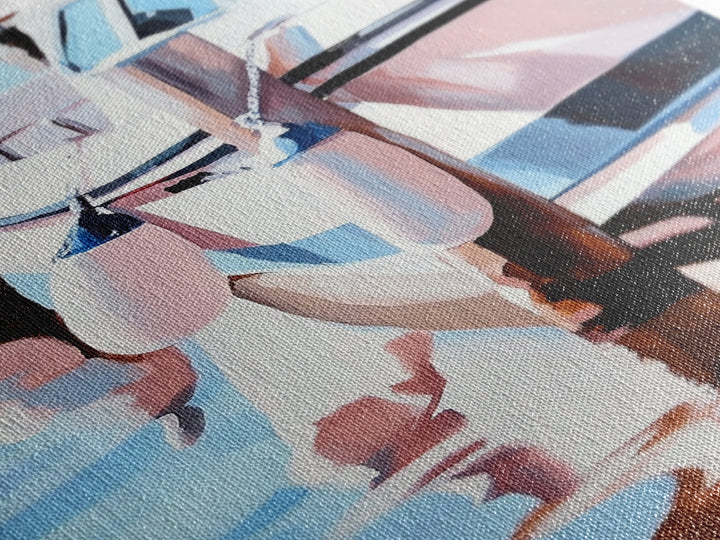 Docked Boat, Nautical Charm, Seaside Painting, Coastal Decor, Summer Vibes, Blue and White Art, Beach House Wall Art, Canvas Print