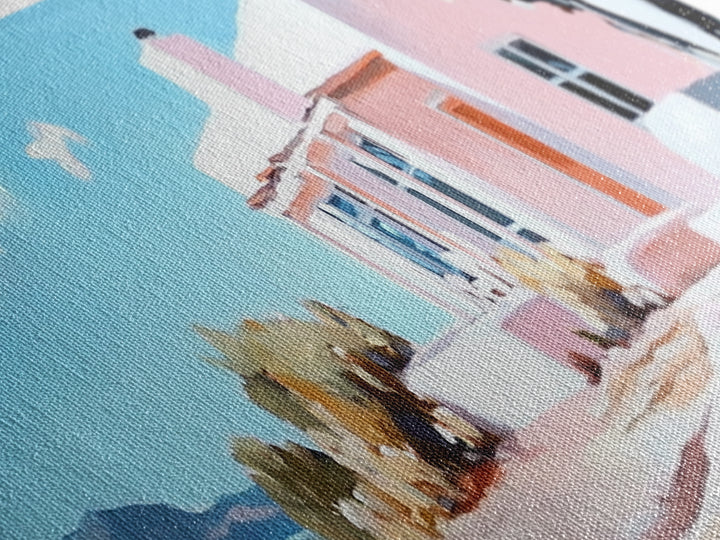 Coastal House, Summer Art, Beach Landscape, Framed Canvas Print, Mediterranean Wall Art, Minimalist Painting, Living Room Decoran Waves