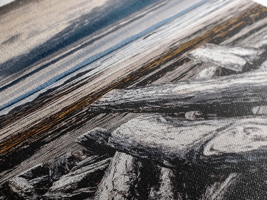 Coastal Beach, Driftwood Shore, Stormy Sky, Framed Canvas Print, Ocean Wall Art, Seaside Decor, Nautical Painting, Living Room Wall Art