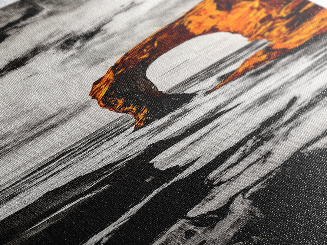 Rock Arch, Ocean Waves, Dramatic Seascape, Black and White Wall Decor, Living Room Art, Framed Canvas Print, Coastal Nature Artwork