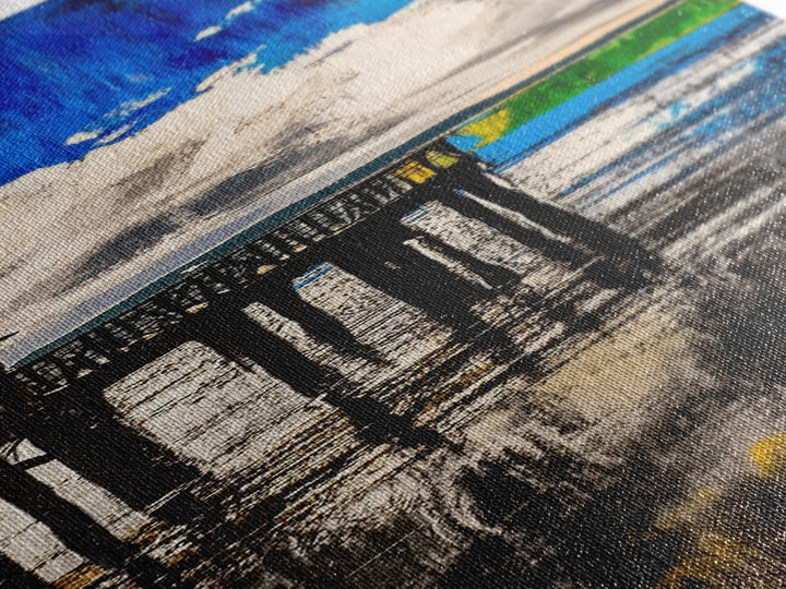 Dock on Water, Rustic Coastal Art, Blue Tones, Nautical Painting, Framed Canvas Print, Living Room Decor, Lakeside Cabin Wall Art