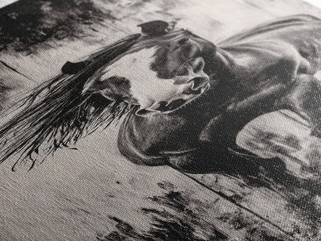 Running Horse, Black and White Art, Western Wall Art, Rustic Home Decor, Equestrian Canvas Print, Large Wall Art, Office Decor