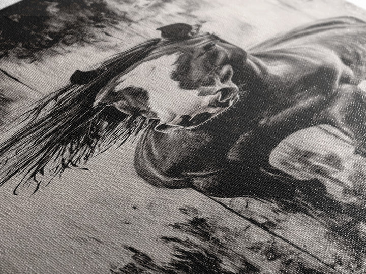 Running Horse, Black and White Art, Western Wall Art, Rustic Home Decor, Equestrian Canvas Print, Large Wall Art, Office Decor