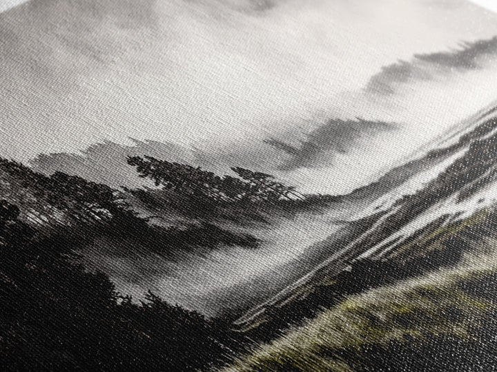 Foggy Hills, Woodland Landscape, Monochrome Art, Canvas Print, Rustic Nature Decor, Peaceful Wall Art, Mountain Art