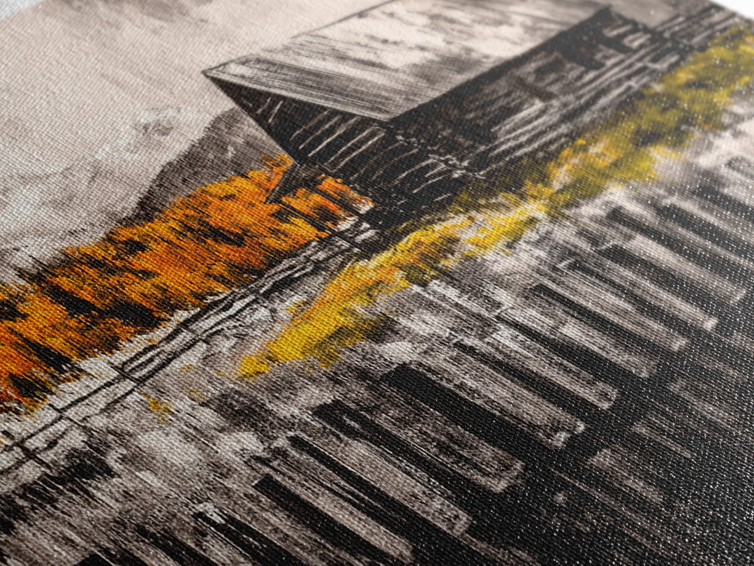 Rustic Cabin, Fall Foliage, Country Home Art, Canvas Print, Autumn Wall Decor, Farmhouse Wall Art, Cozy Living Room Art