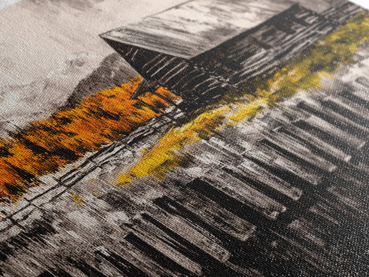 Rustic Cabin, Fall Foliage, Country Home Art, Canvas Print, Autumn Wall Decor, Farmhouse Wall Art, Cozy Living Room Art