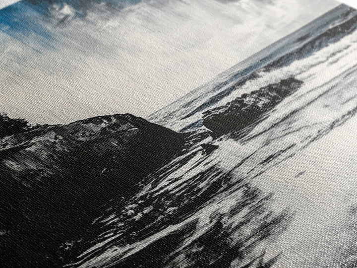 Dramatic Cliffside Painting, Ocean Wave Canvas Print, Monochrome Seascape Art, Moody Wall Decor, Coastal Artwork, Framed Canvas Print