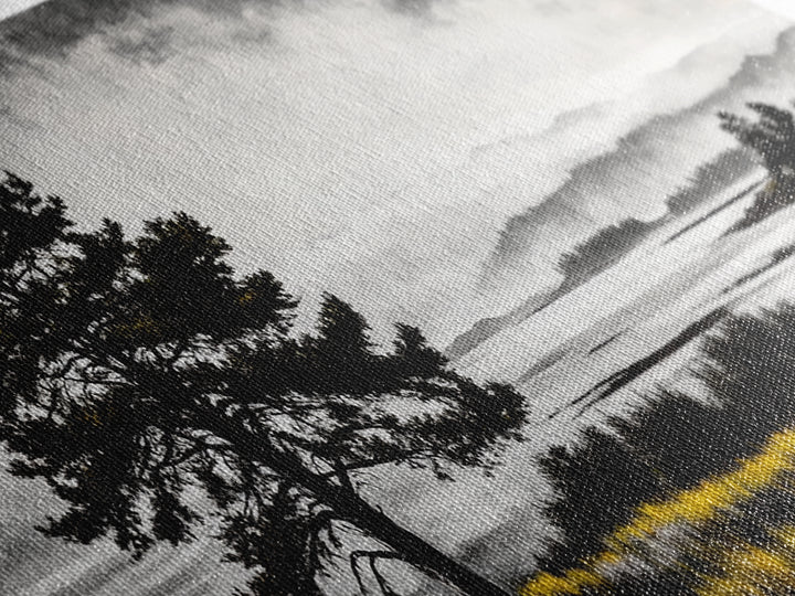 Foggy Pine Tree Art, Landscape Canvas Print, Black and White Painting, Autumn Wall Decor, Cabin Inspired Artwork, Framed Canvas Print