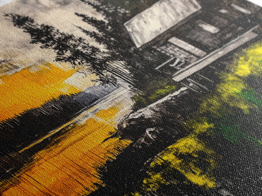 Rustic Cabin Art, Golden Sunset Canvas Print, Autumn Landscape Painting, Nature Wall Decor, Cozy Home Aesthetic, Framed Canvas Print