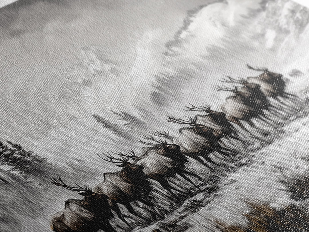 Elk, Wildlife, Mountain, Framed Canvas Print, Rustic Lodge Art, Winter Nature Scene, Cabin Wall Decor, Hunting Artwork, Western Aesthetic