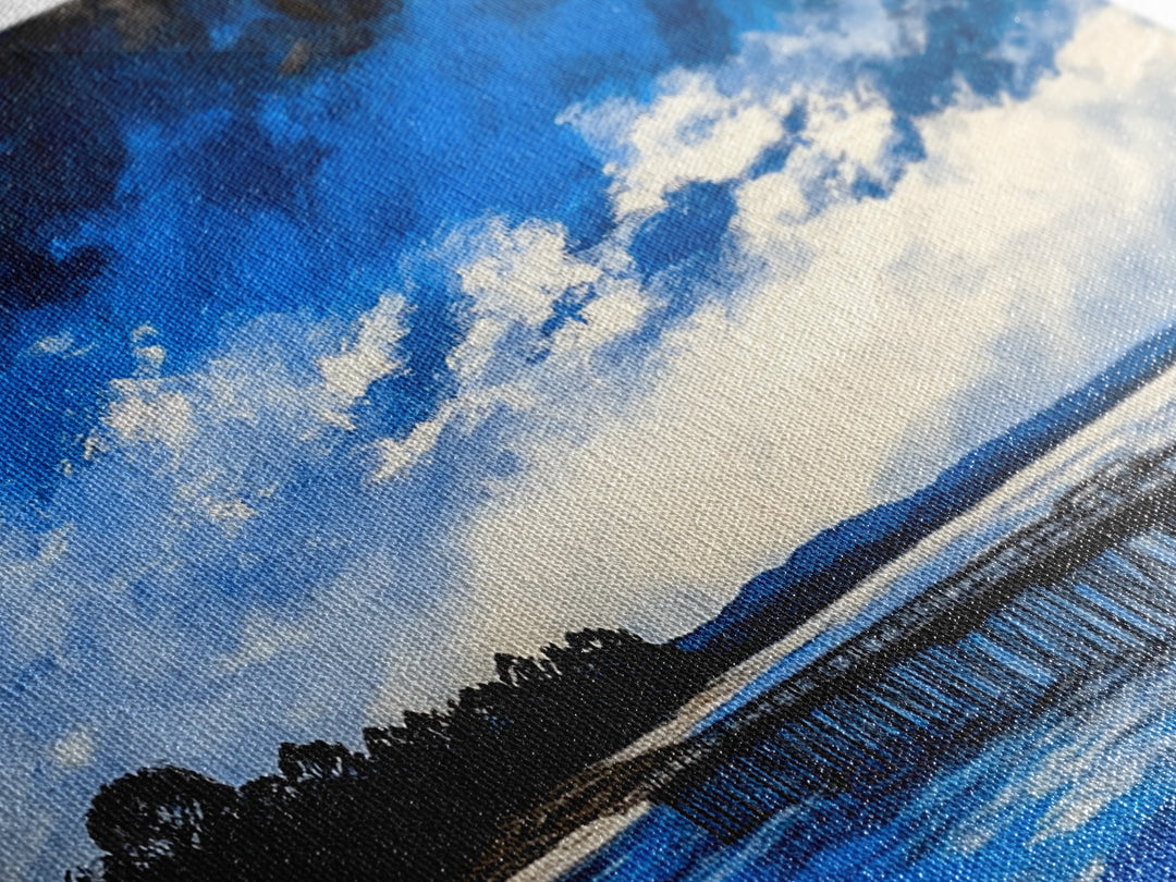 Blue Pier, Lake Scene, Stormy Sky, Framed Canvas Print, Nautical Art, Minimalist Landscape, Bedroom Wall Decor, Large Wall Art