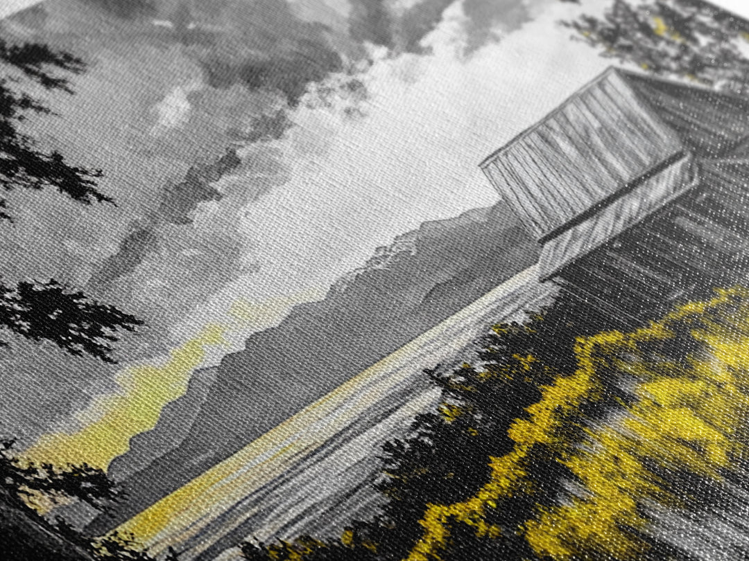 Rustic Cabin, Lake View, Black White Yellow, Large Canvas Print, Country Landscape, Farmhouse Wall Art, Living Room Decor, Framed Artwork