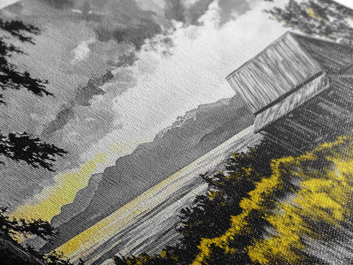 Rustic Cabin, Lake View, Black White Yellow, Large Canvas Print, Country Landscape, Farmhouse Wall Art, Living Room Decor, Framed Artwork