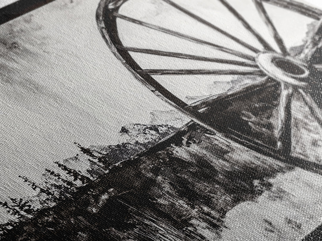Wagon Wheel, Mountain Landscape, Black and White Western Art, Rustic Home Decor, Framed Canvas Print, Farmhouse Living Room Art