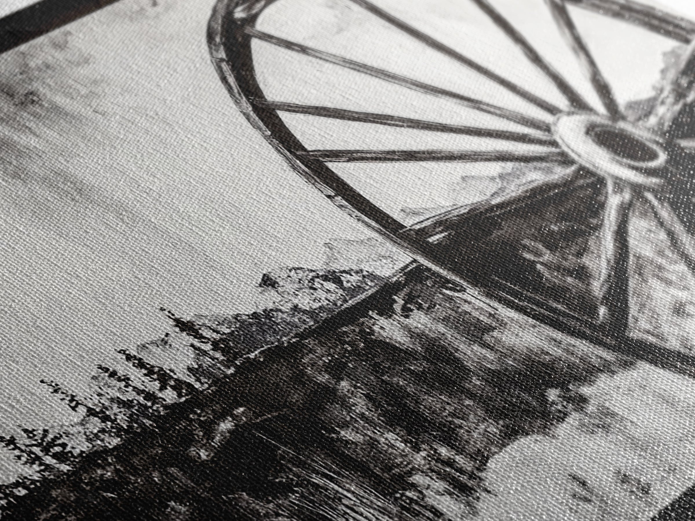 Wagon Wheel, Mountain Landscape, Black and White Western Art, Rustic Home Decor, Framed Canvas Print, Farmhouse Living Room Art