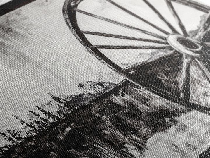 Wagon Wheel, Mountain Landscape, Black and White Western Art, Rustic Home Decor, Framed Canvas Print, Farmhouse Living Room Art