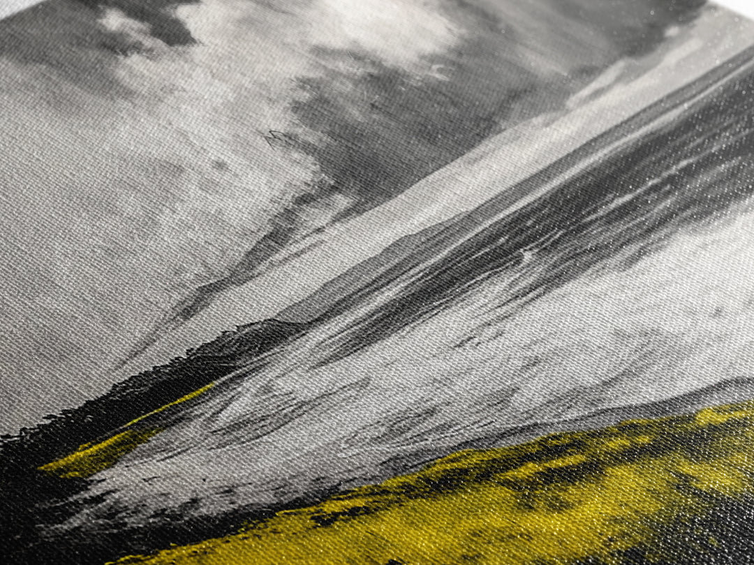 Coastal Horizon, Ocean Beach Art, Black and White Wall Decor, Dramatic Sky, Yellow Grass, Modern Landscape, Serene View, Framed Canvas Print