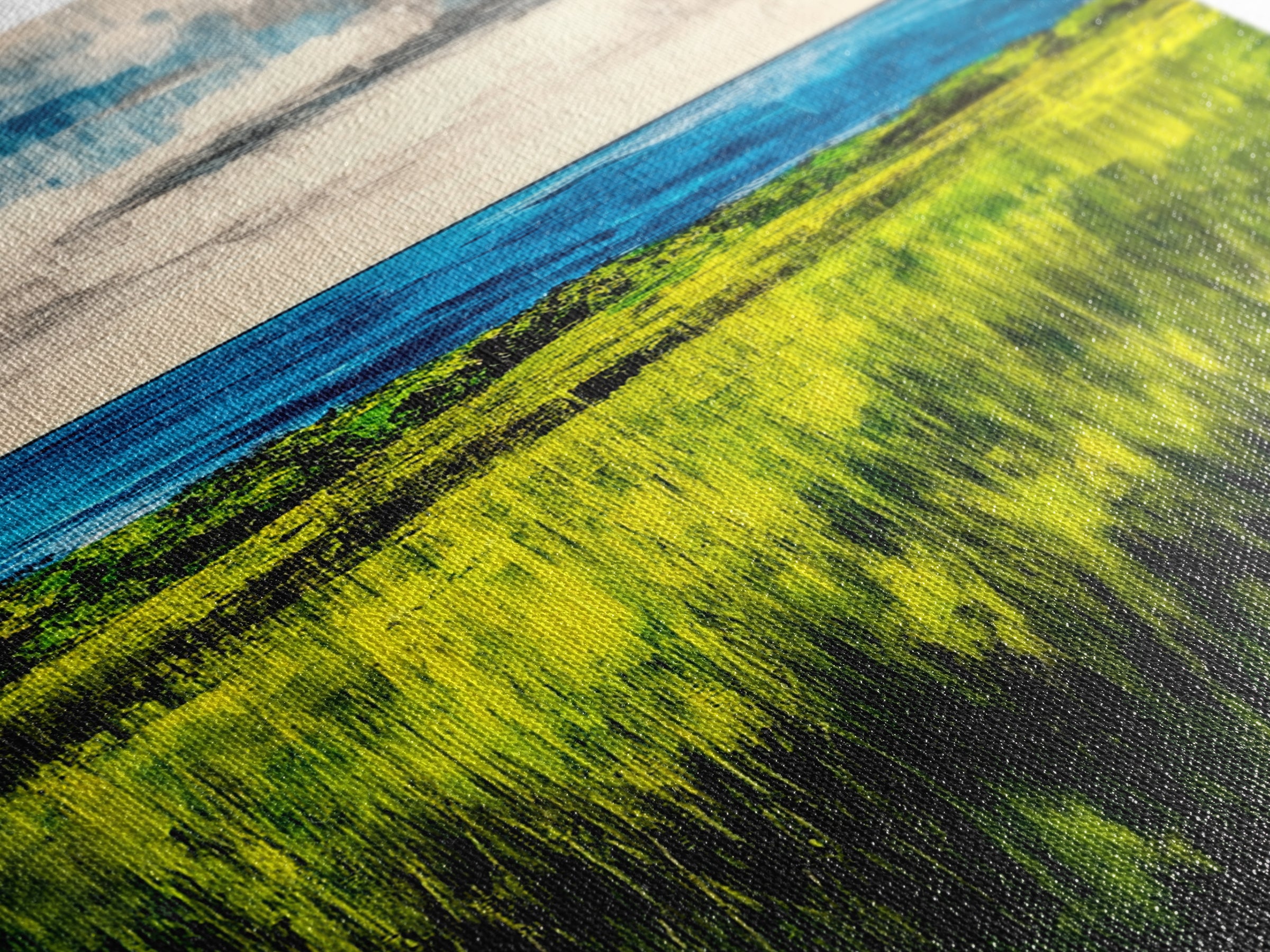 Coastal Landscape, Ocean View, Green Fields, Framed Canvas Print, Serene Wall Art, Nature Inspired, Tranquil Beach Decor, Modern Art